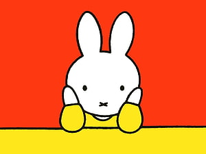 Miffy the White Rabbit Peeking Over a Yellow Surface Against a Vibrant Red Background HD wallpaper