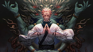 Jujutsu Kaisen Sukuna in Prayer Pose with Multi-Armed Demon Entity Behind Him HD wallpaper