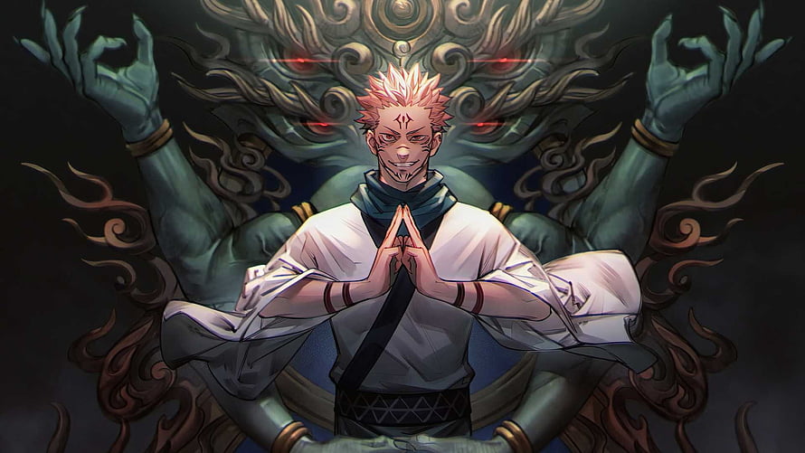 Jujutsu Kaisen Sukuna in Prayer Pose with Multi-Armed Demon Entity Behind Him HD wallpaper