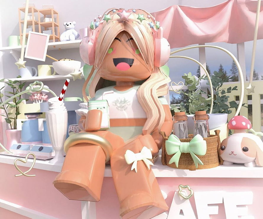 Roblox Preppy Girl Character in Pastel Cafe Setting with Headphones and Star Crown HD wallpaper