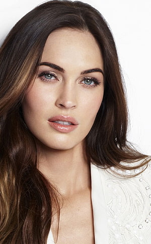 Megan Fox Portrait with Long Brown Hair and White Embroidered Blazer HD phone wallpaper