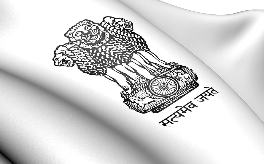State Emblem of India Lion Capital on White Flag with Devanagari Motto HD wallpaper