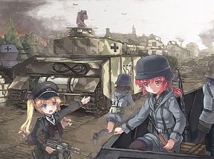 World War 2 Anime Artwork Featuring Chibi Soldiers and Camouflaged Tanks in a War Zone HD wallpaper