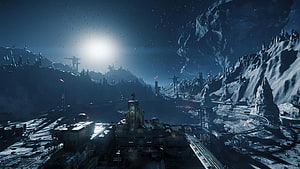 Futuristic Sci-Fi Cityscape in Snowy Night Landscape with Glowing Structures HD wallpaper