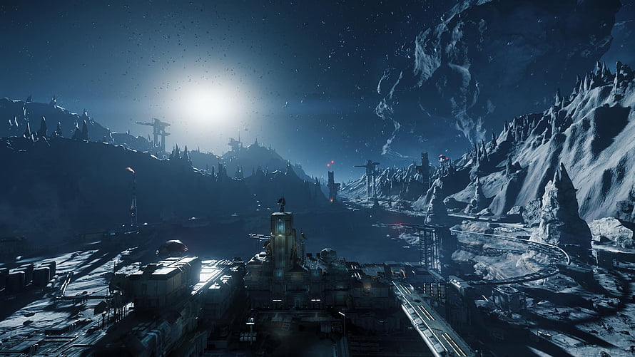 Futuristic Sci-Fi Cityscape in Snowy Night Landscape with Glowing Structures HD wallpaper