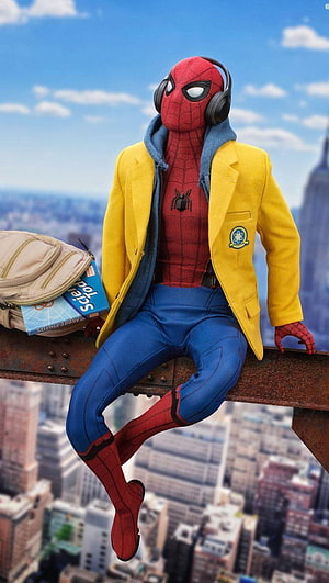 Spider-Man in Yellow Blazer and Headphones Sitting on a Rooftop Beam Over a City Skyline HD phone wallpaper