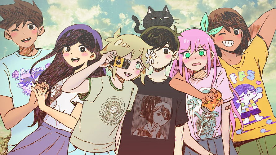 Omori Game Character Group Illustration with Black Cat on Head HD wallpaper