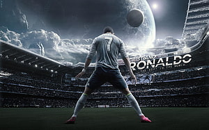 Cristiano Ronaldo in a dramatic stadium scene with a cosmic planet backdrop HD wallpaper