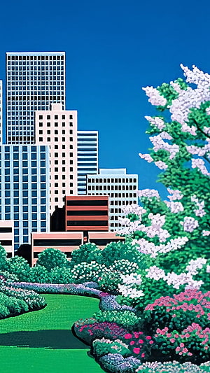 Hiroshi Nagai City Garden Artwork with Blossoming Trees and Urban Skyline HD phone wallpaper