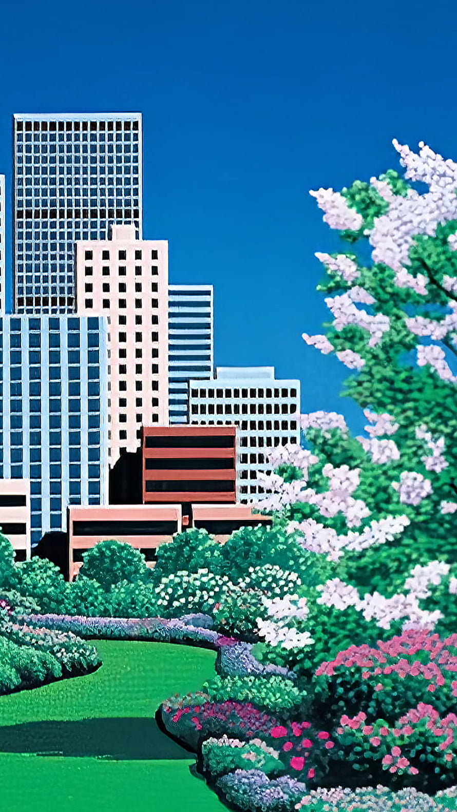 Hiroshi Nagai City Garden Artwork with Blossoming Trees and Urban Skyline HD phone wallpaper