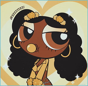 Black Powerpuff Girl Baddie Cartoon Illustration with Gold Accessories HD wallpaper