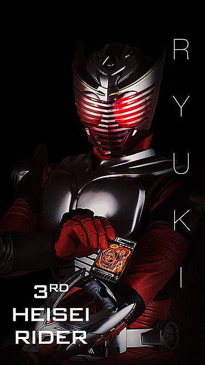 Kamen Rider Ryuki Holding Ride Chaser Card in Dark Cinematic Portrait HD phone wallpaper