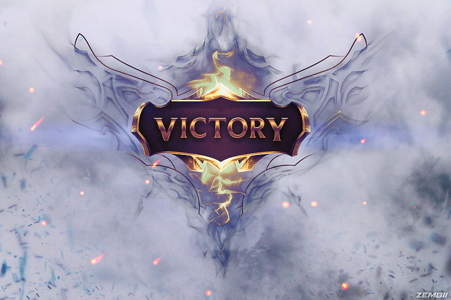 League of Legends Victory Screen with Ornate Emblem and Ethereal Mist HD wallpaper