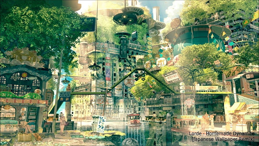 Solarpunk Anime Cityscape with Lush Greenery and Waterways HD wallpaper