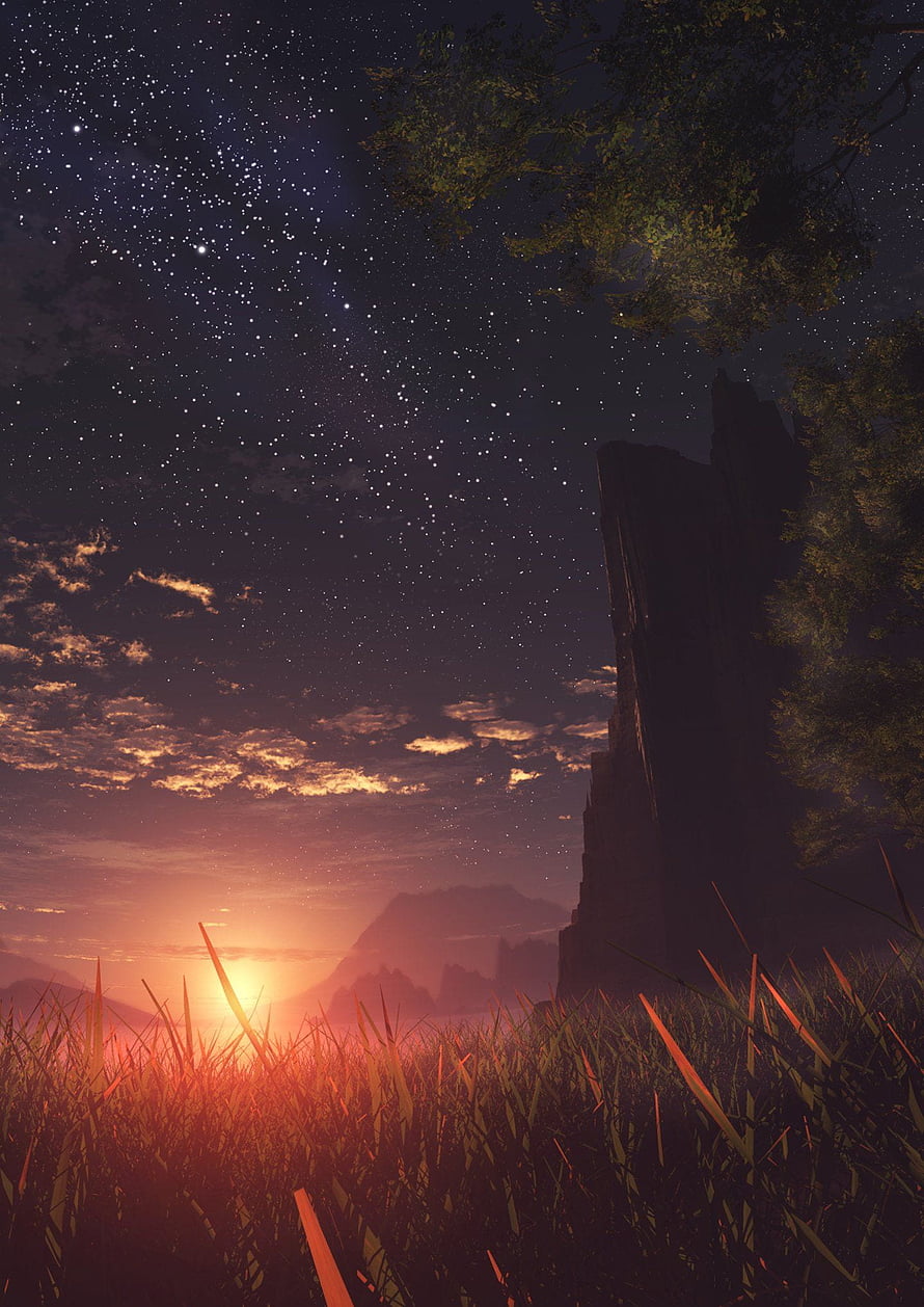 Anime Night Sky Over Mountain Valley With Starry Twilight and Tall Grass HD phone wallpaper