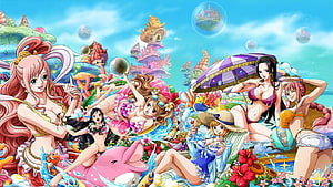 One Piece Female Characters in Vibrant Tropical Beach Scene HD wallpaper