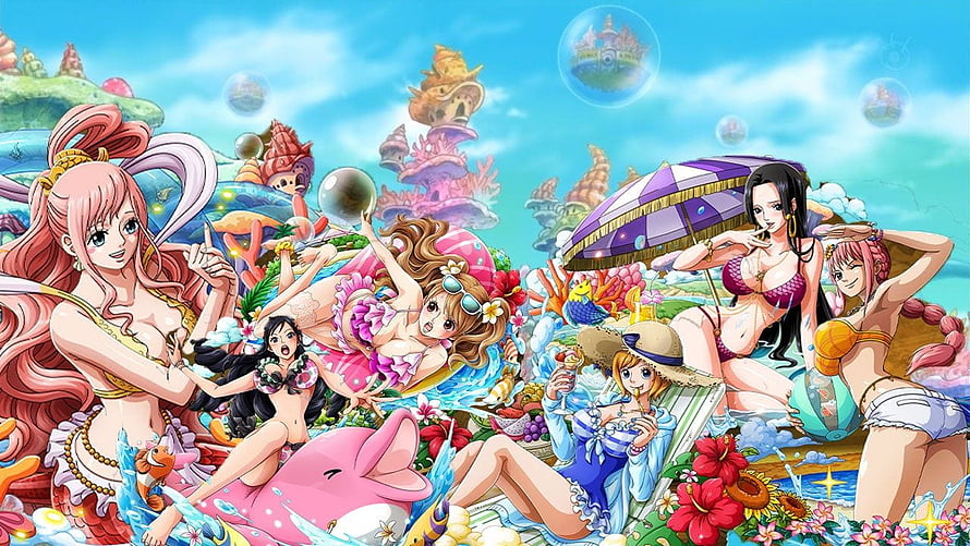 One Piece Female Characters in Vibrant Tropical Beach Scene HD wallpaper