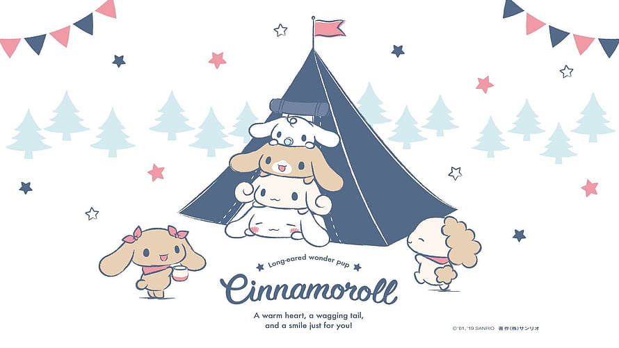 Cinnamoroll and Friends Camping Under a Tent with Pine Trees and Stars HD wallpaper