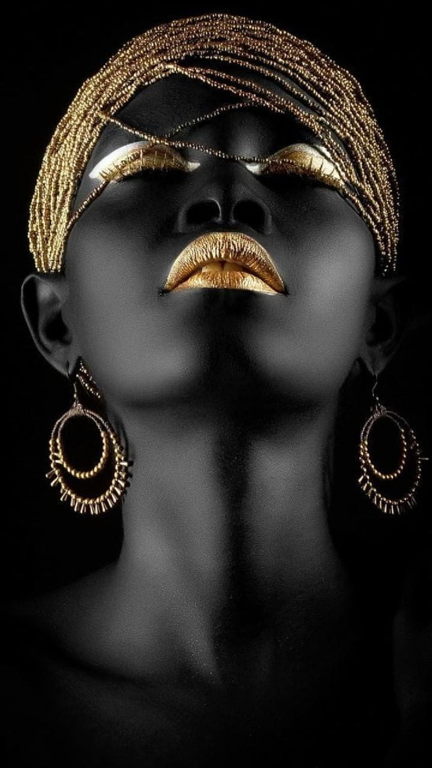 Elegant African Woman Portrait With Gold Beaded Headpiece and Statement Earrings, Golden make up by georgekev, african women black gold HD phone wallpaper