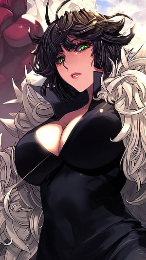Fubuki from One Punch Man in a black outfit with white feathered wings and green eyes HD phone wallpaper