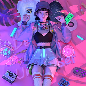 Retro Punk Anime Girl Lying Down With Neon Accessories And Vintage Tech HD phone wallpaper