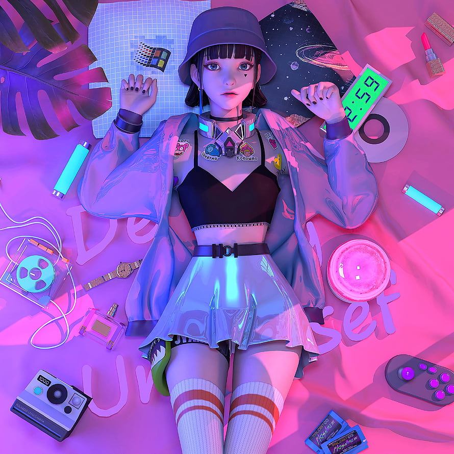 Retro Punk Anime Girl Lying Down With Neon Accessories And Vintage Tech HD phone wallpaper