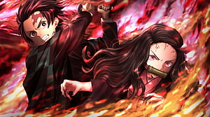 Tanjiro and Nezuko Kamado in Fiery Battle from Demon Slayer Anime HD wallpaper
