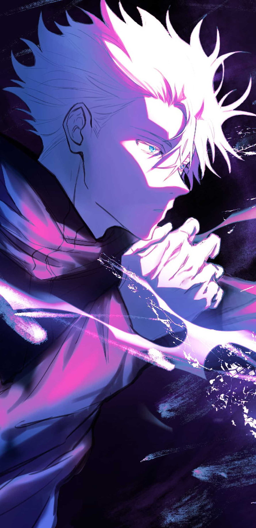 Gojo Satoru Anime Character with White Spiky Hair and Blue Eyes in Neon Purple Lighting HD phone wallpaper