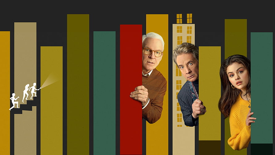 Only Murders in the Building Cast Peeking Through Colorful Cityscape Bars HD wallpaper