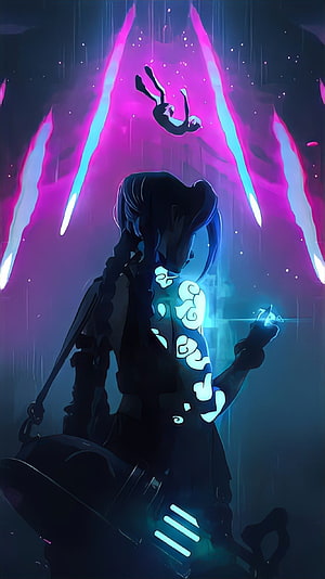 Jinx from Arcane in a Neon-Soaked Fantasy Scene with Glowing Runes and a Floating Figure HD phone wallpaper