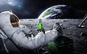 Astronaut relaxing on the moon with a green soda bottle and Earth in the background HD wallpaper