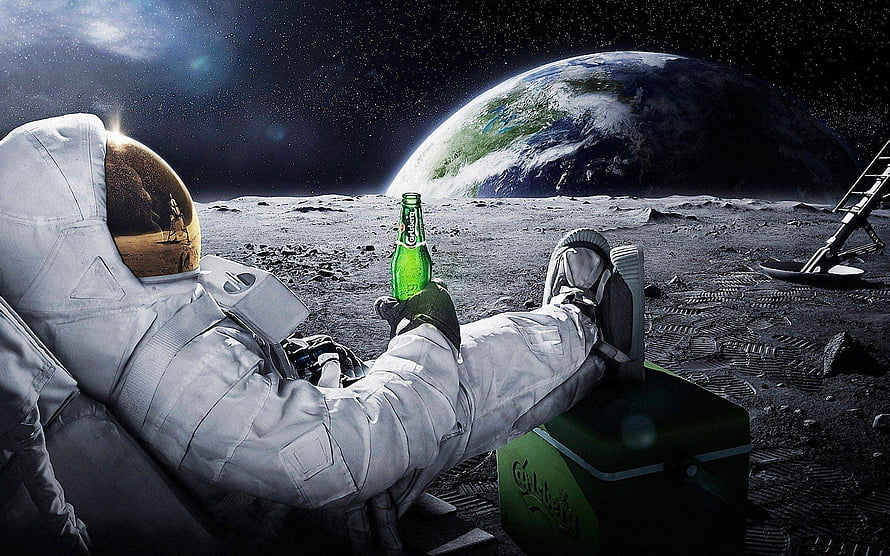 Astronaut relaxing on the moon with a green soda bottle and Earth in the background HD wallpaper