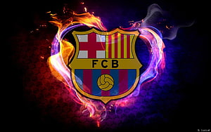 FC Barcelona Crest Enveloped in Fiery Flames and Neon Smoke on Dark Background HD wallpaper