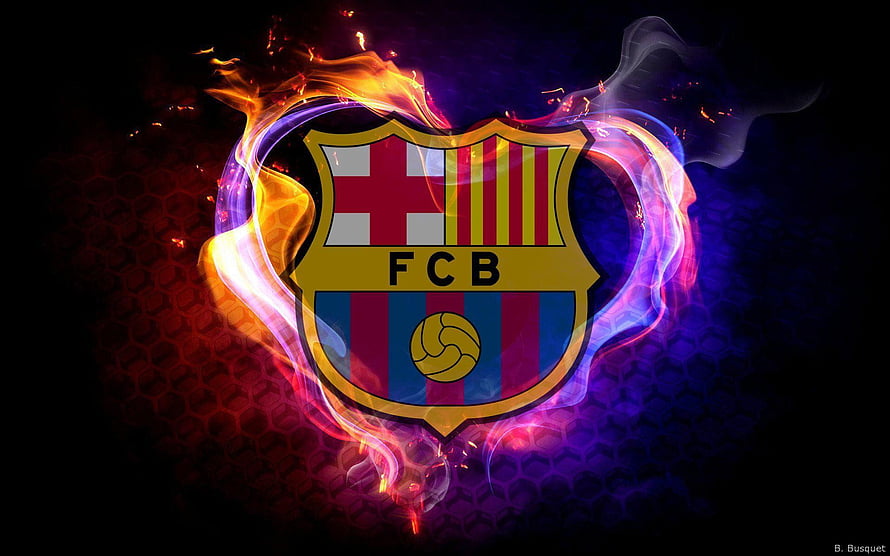 FC Barcelona Crest Enveloped in Fiery Flames and Neon Smoke on Dark Background HD wallpaper