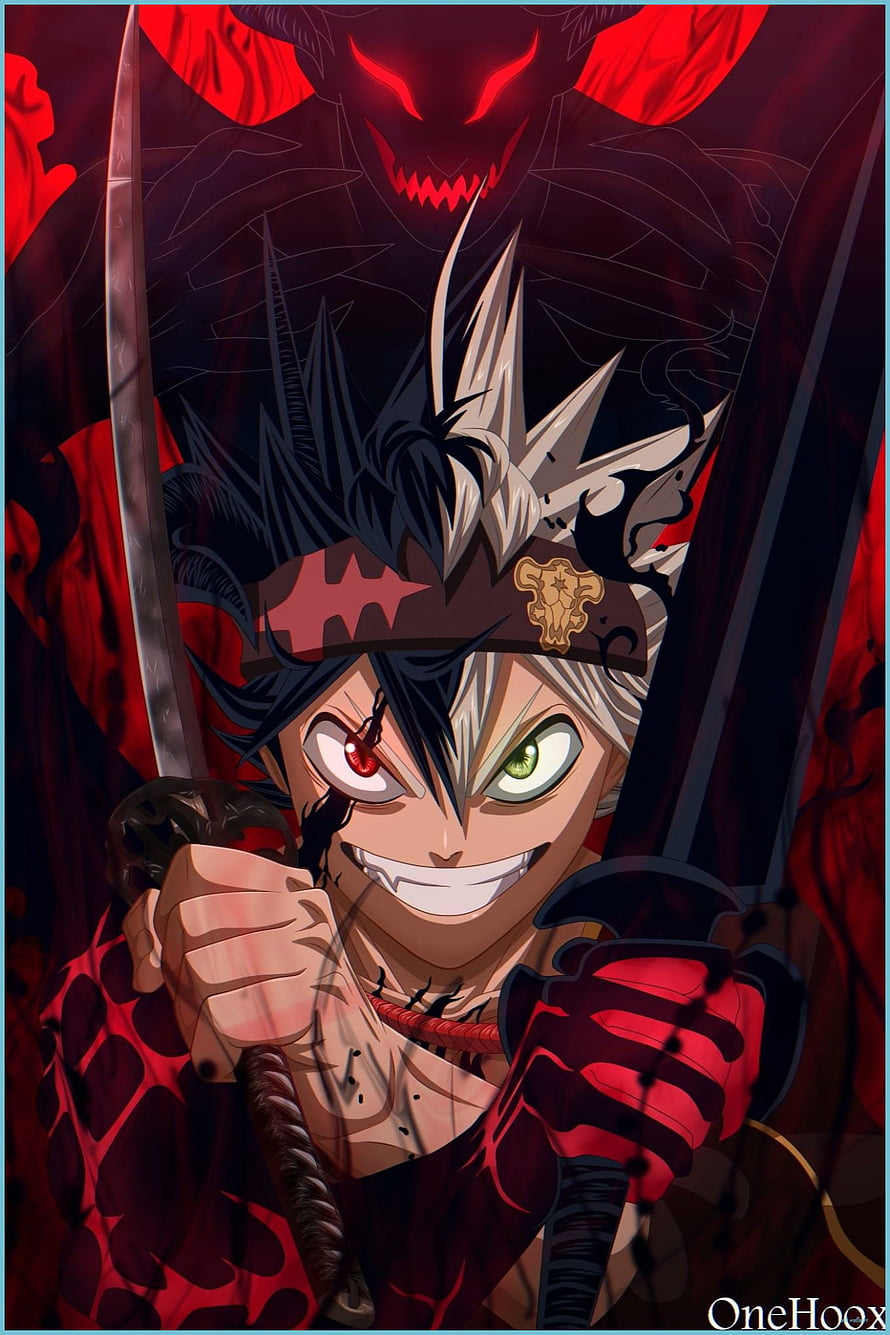 Asta from Black Clover wielding dual swords with a menacing red demon looming behind him HD phone wallpaper