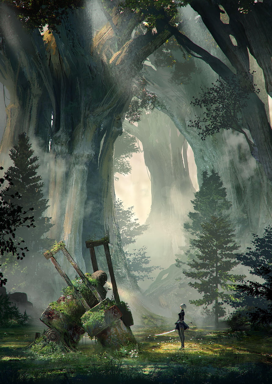 Nier Automata Forest King Concept Art with 2B in Ancient Overgrown Ruins HD phone wallpaper