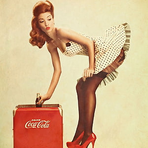 Vintage Pin Up Girl in Polka Dot Dress Reaching for Coca-Cola Bottle in Retro Cooler HD phone wallpaper