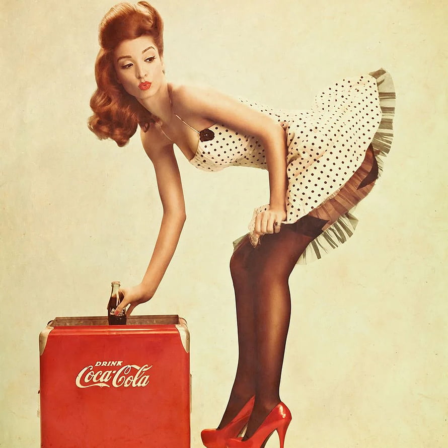 Vintage Pin Up Girl in Polka Dot Dress Reaching for Coca-Cola Bottle in Retro Cooler HD phone wallpaper