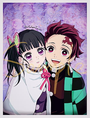 Tanjiro and Kanao from Demon Slayer in a Soft Anime Portrait with Purple Floral Background HD phone wallpaper