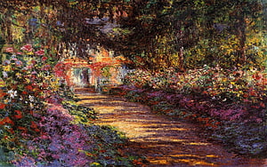Claude Monet Garden Path with Vibrant Flowers and Dappled Sunlight HD wallpaper