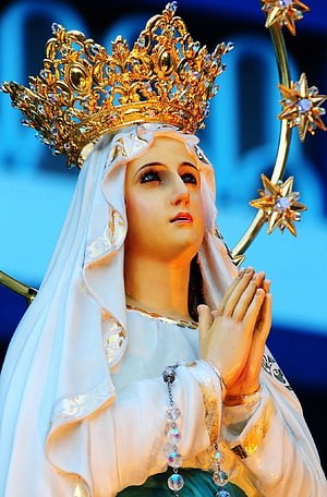 Ornate Statue of the Virgin Mary in Prayer with Golden Crown and Rosary HD phone wallpaper