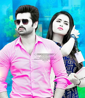 Stylish South Indian couple in vibrant pink and blue attire with sunglasses HD phone wallpaper