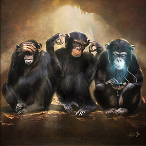 Three Wise Monkeys Digital Painting with Earphones and Smartphone HD phone wallpaper