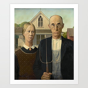 American Gothic Oil Painting by Grant Wood Featuring Farmhouse and Pitchfork HD phone wallpaper