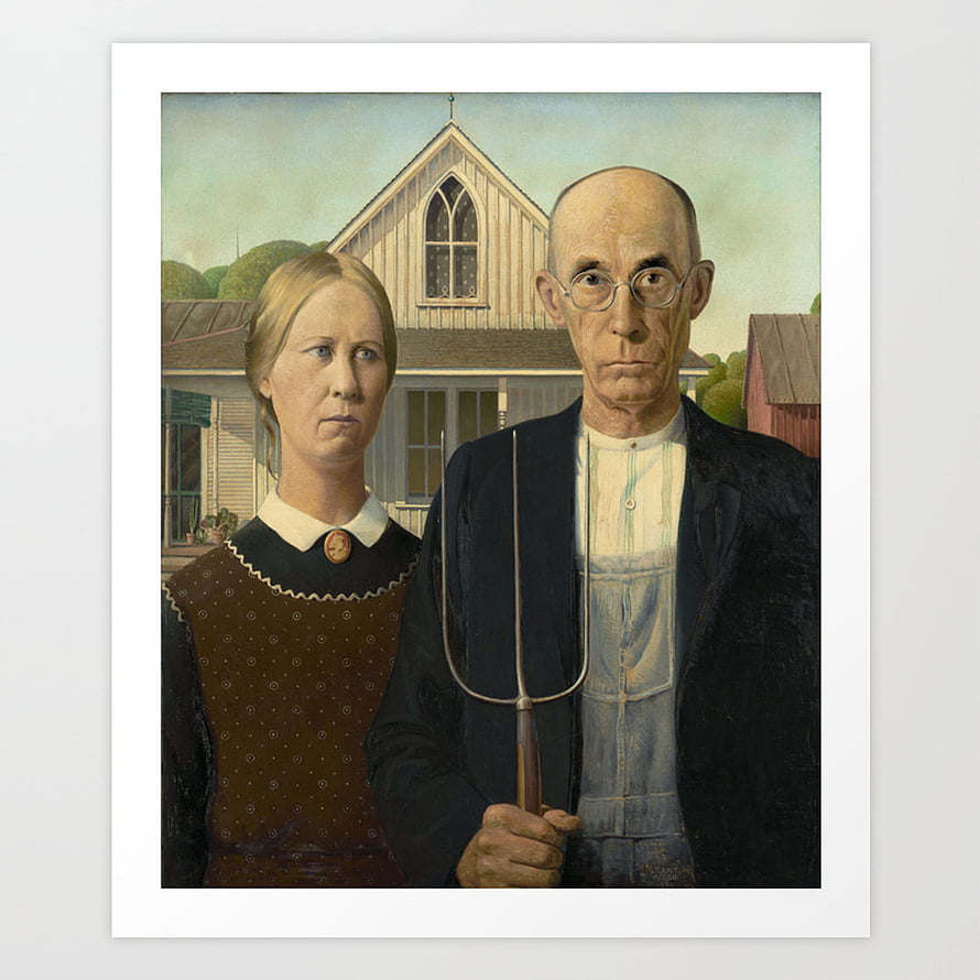 American Gothic Oil Painting by Grant Wood Featuring Farmhouse and Pitchfork HD phone wallpaper