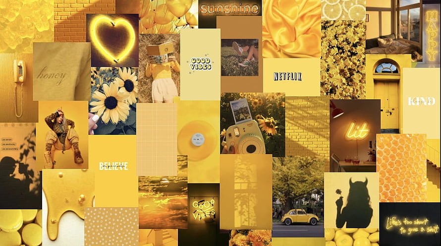 Yellow Aesthetic Collage Wallpaper with Sunflowers, Neon Signs, and Warm Summer Vibes HD wallpaper