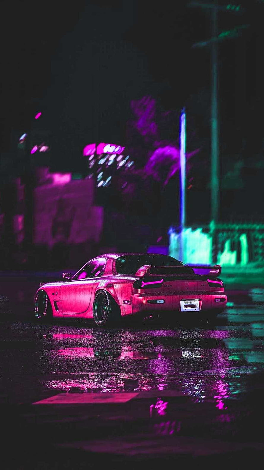 Neon-lit Mazda RX-7 JDM coupe parked on a wet street at night with cyberpunk reflections HD phone wallpaper