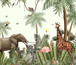 Illustrated Jungle Animal Wallpaper Featuring Elephant, Giraffe, Zebra, and Flamingo in Tropical Foliage HD wallpaper