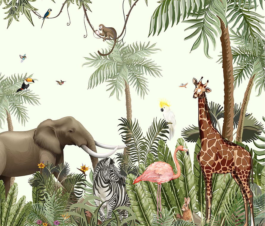 Illustrated Jungle Animal Wallpaper Featuring Elephant, Giraffe, Zebra, and Flamingo in Tropical Foliage HD wallpaper
