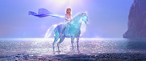 Elsa Riding a Glowing Ice Horse on a Misty Shore in Frozen 2 HD wallpaper
